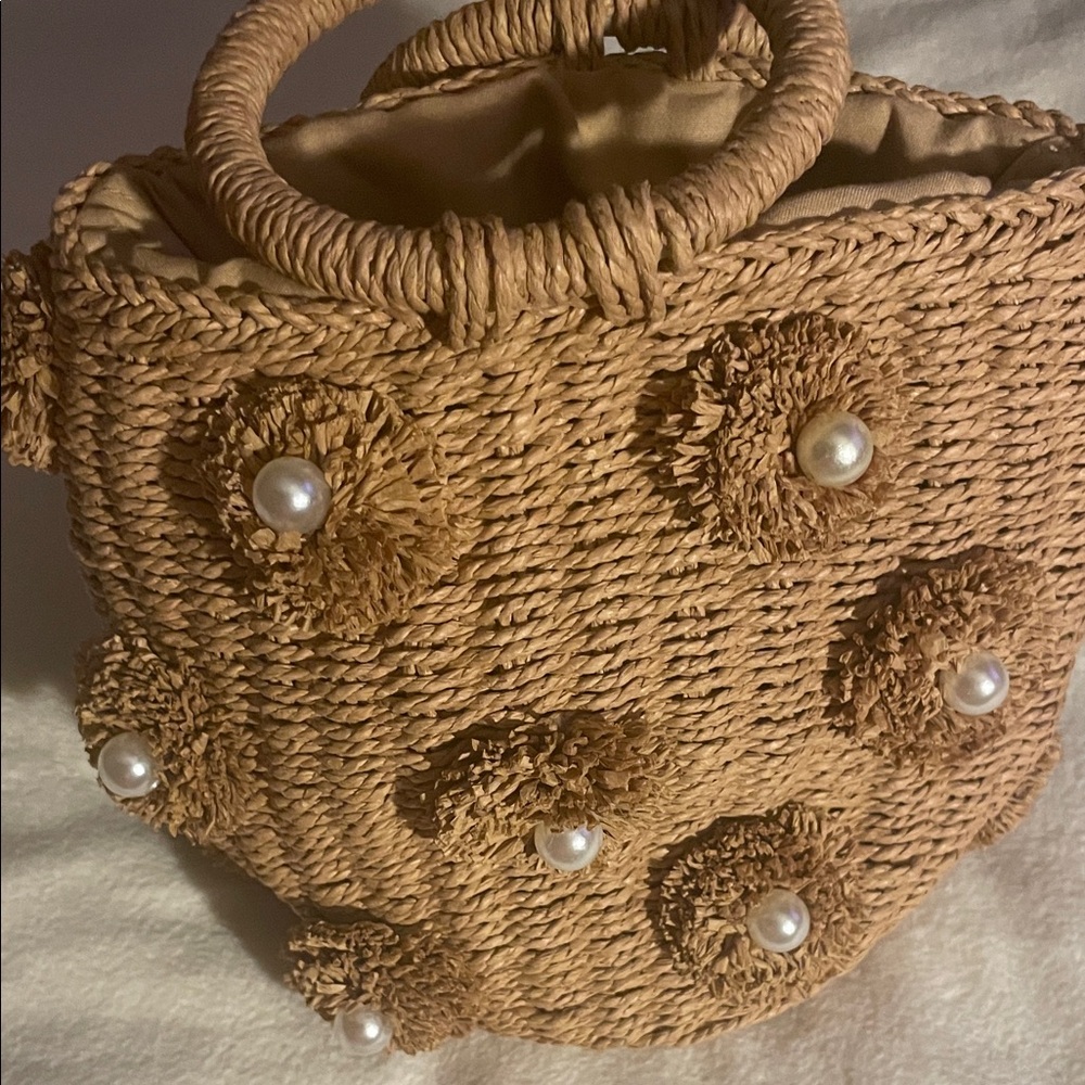 Woven Pearl-Accent Straw Tote Bag - Natural